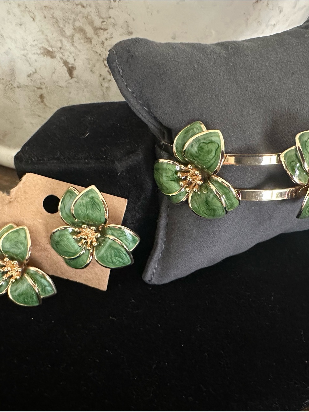 Green Floral Enamel Flower Stud Earrings for Women